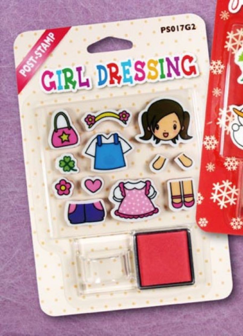 PS017聖誕女孩靜電皮印章+印台組 自黏草皮印章 卡通圖案印章